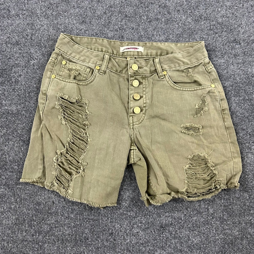 Refuge Denim Shorts Womens Size 6 Olive Green Distressed Button Fly Raw Hem